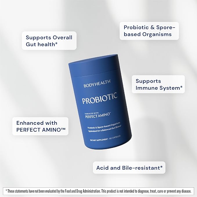 BodyHealth Probiotic Enhanced with PerfectAmino for Women and Men Spore Based with Bifidobacterium Lactobacillus Salivarius Lactobacillus Acidophilus - 60 Capsules