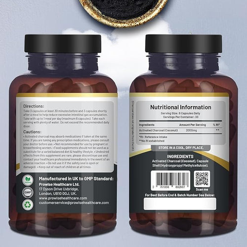 Activated Charcoal Capsules - 200 High Strength Vegan Capsules- 2000mg per Serving I Made in The UK by Prowise Healthcare