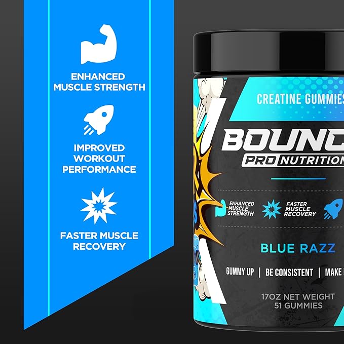 Bounce Pro Creatine Monohydrate Gummies for Men &amp Women Low Calorie 6G of Creatine per Serving Vegan Anti-Melting Gluten-Free Non-GMO 2g of Creatine per Gummy (51ct Blue Razz)