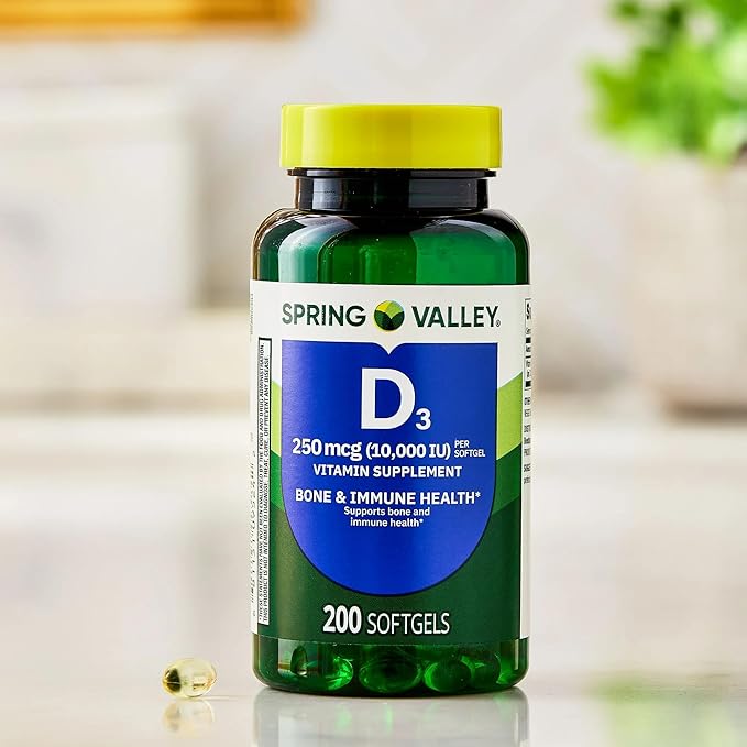 SUREFECT Spring Valley Vitamin D3 250mcg (10000 IU) - 200 Softgels - Bone &amp Immune Support Soy &amp Gluten Free Organizer.