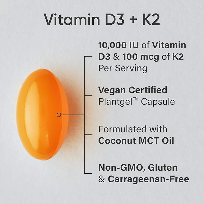 Sports Research® Vitamin D3 + K2 with 10000iu of Plant-Based D3 &amp 100mcg of Vitamin K2 as MK-7 | Non-GMO Verified &amp Vegan Certified 60ct
