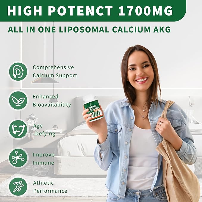 Liposomal Calcium AKG Supplement 1700 MG - High Absorption Calcium Supplement for Women AKG Supplement for Cellular Energy Metabolic Function - 120 Capsules