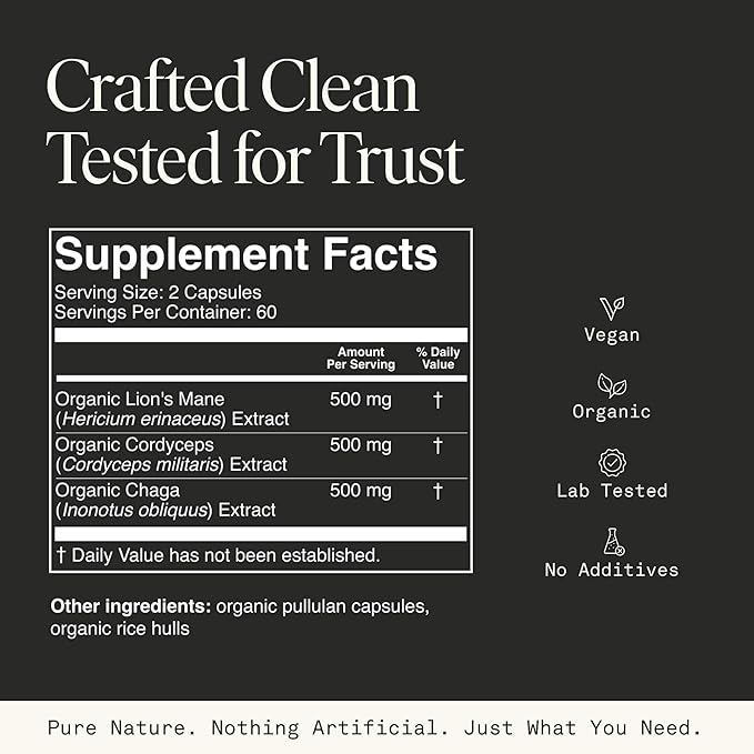 Fantastic Fungi Lions Mane Mushroom Cordyceps Mushroom &amp Chaga Supplement - Focus Energy &amp Brain Support Adaptogenic Capsules - 100% USDA Organic Complex Vegan 120 Capsules (2-Month Supply