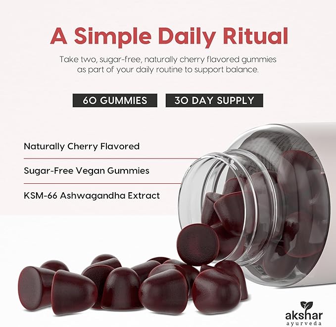 AKSHAR Ayurveda Ashwagandha KSM-66 Gummies Organic Ashwagandha Supplements for Focus Increase Energy &amp Strength Chicory Root Fiber &amp Natural Cherry Flavor (60 Count (Pack of 2))
