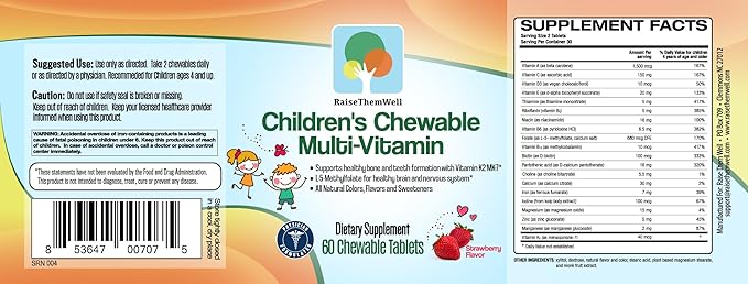 Raise Them Well Tasty Chewable Kids Multivitamin All-Natural Colors Flavors &amp Sweeteners Daily Essential Vitamins for Children Easy-to-Chew Vitamins Strawberry