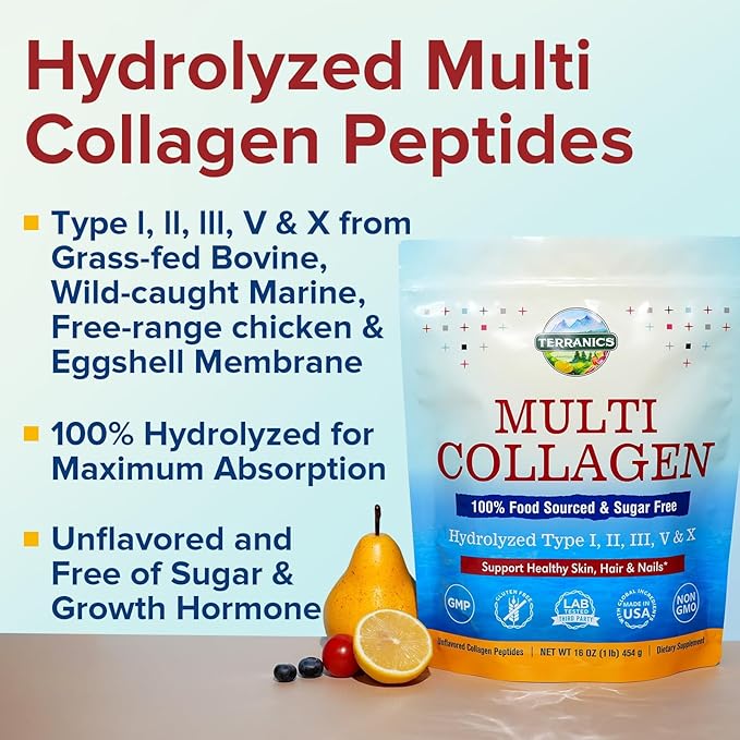 Terranics Multi Collagen Peptides Powder 1lb 20g Per Serving Hydrolyzed Collagen Type I II III V X Bovine Marine Chicken &amp Eggshell No Sugar Keto Beauty &amp Movements Support Unflavored