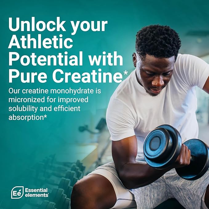 Essential Elements Micronized Creatine Monohydrate Powder for Men &amp Women - Unflavored &amp Easily Dissolved - 60 Servings