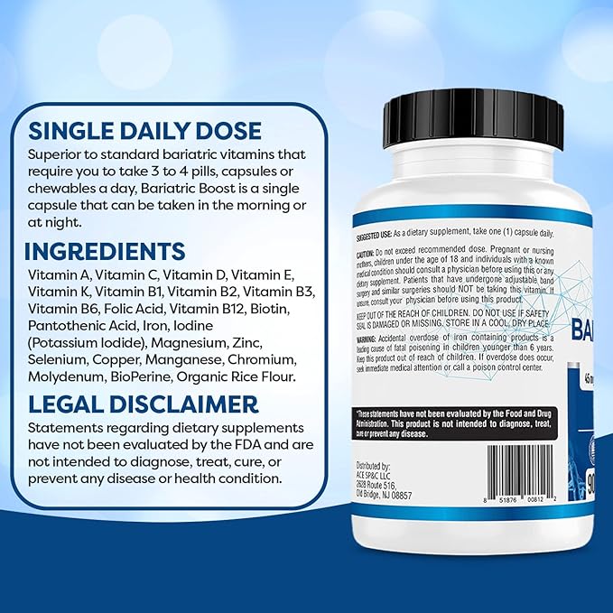 Bariatric Boost One-A-Day Multivitamin 90 Day Supply with 45mg Iron Post Gastric Bypass Sleeve Surgery | Non-GMO Gluten Free Bariatric Multivitamin Made in USA |