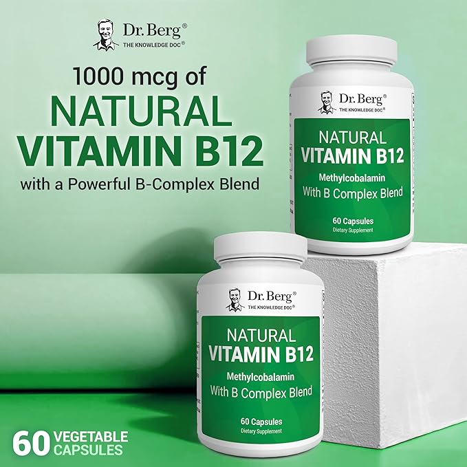 Dr. Berg Natural Vitamin B12 1000 mcg with B Complex Blend - Methylcobalamin B12 for Energy Nerve Health and Cognitive Function* - Methylated B12 with Folate - 60 Capsules (2-Month Supply)