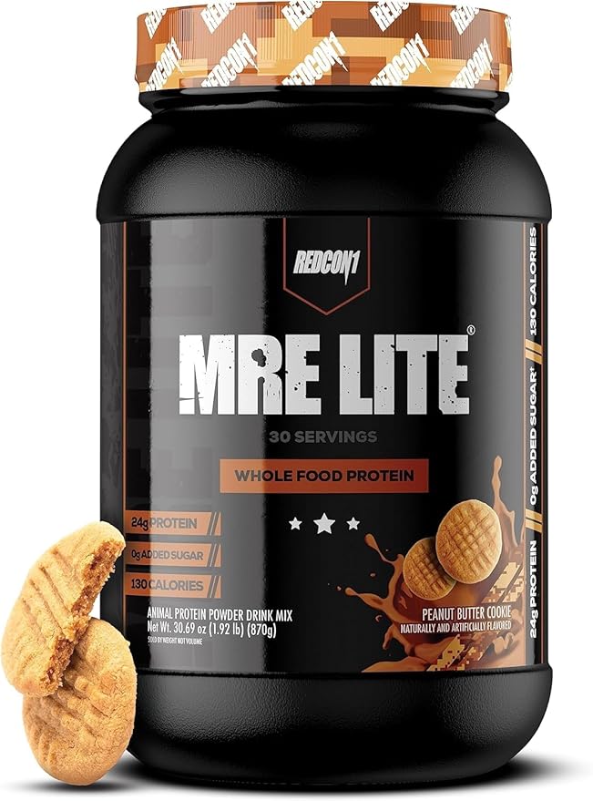 REDCON1 MRE Lite Whole Food Protein Powder Peanut Butter Cookie - Low Carb &amp Whey Free Meal Replacement with Animal Protein Blends - Easy to Digest Supplement Made with MCT Oils (30 Servings)