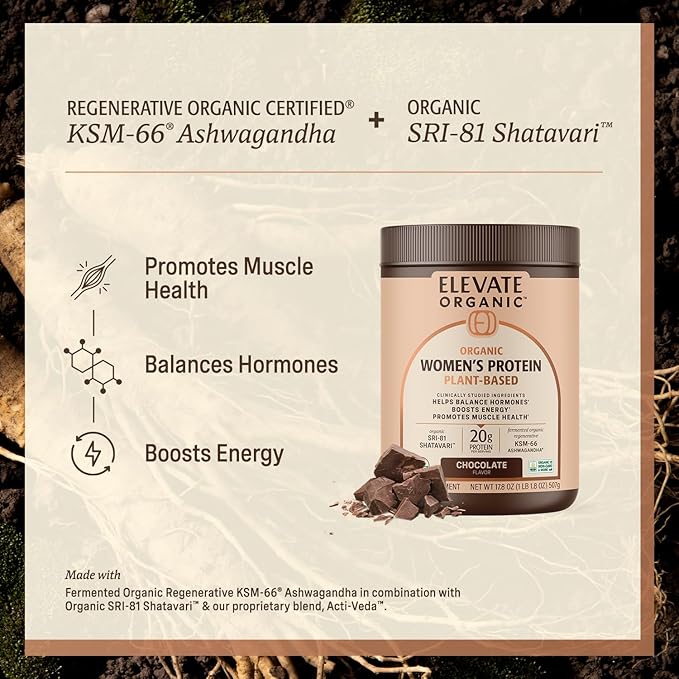 Women’s Plant Protein Powder Chocolate Pea Protein with KSM-66 Ashwagandha® Organic SRI-81™ Shatavari &amp Acti Veda™ (20g Protein)