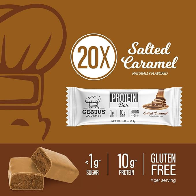 Genius Gourmet Protein Bar Salted Caramel Keto Snack Low Carb Low Sugar &amp Gluten Free Protein Snacks for Adults 10G of Whey Protein per Protein Bar 5 Net Carbs 20 Count
