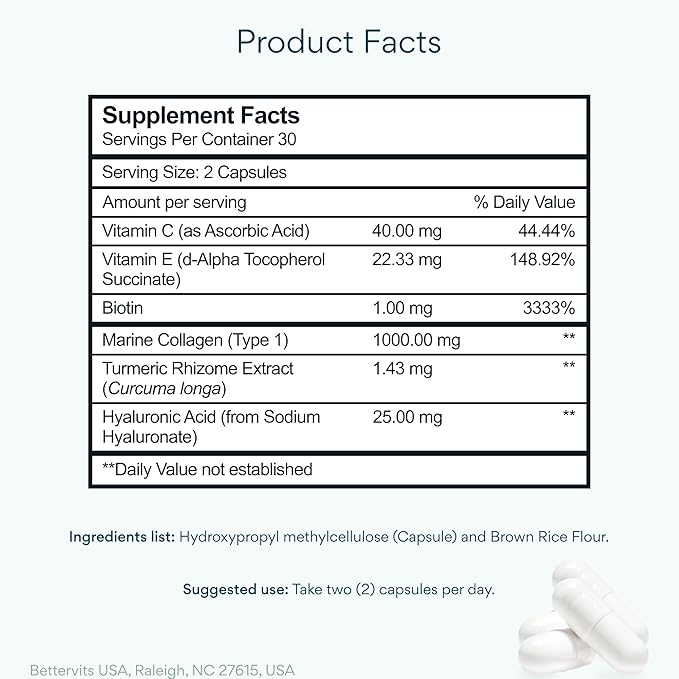 Bettervits Collagen Peptides Complex with Hyaluronic Acid &amp Turmeric | Hydrolyzed Marine Collagen Supplements for Women &amp Men | Collagen with Vitamin C for Skin Hair Nails &amp Joints – 60