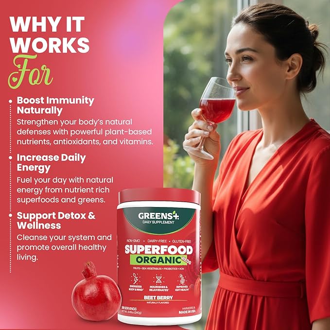 Greens+ Organic Reds Superfood Powder Antioxidant Polyphenol Blend for Morning Kick Energy Vitality Boost Nutrition Vibrant Health Vegan Soy/Dairy/Gluten Free(8.46oz)