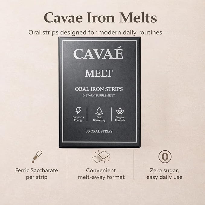 Cavae Iron Melts with 19mg Ferric Saccharate Folate Citric Acid Monk Fruit Naturally Enhances Iron Absorption Gut Health Boost EnergyZero Sugar Raspberry Flavor 30 Oral Strips (1)
