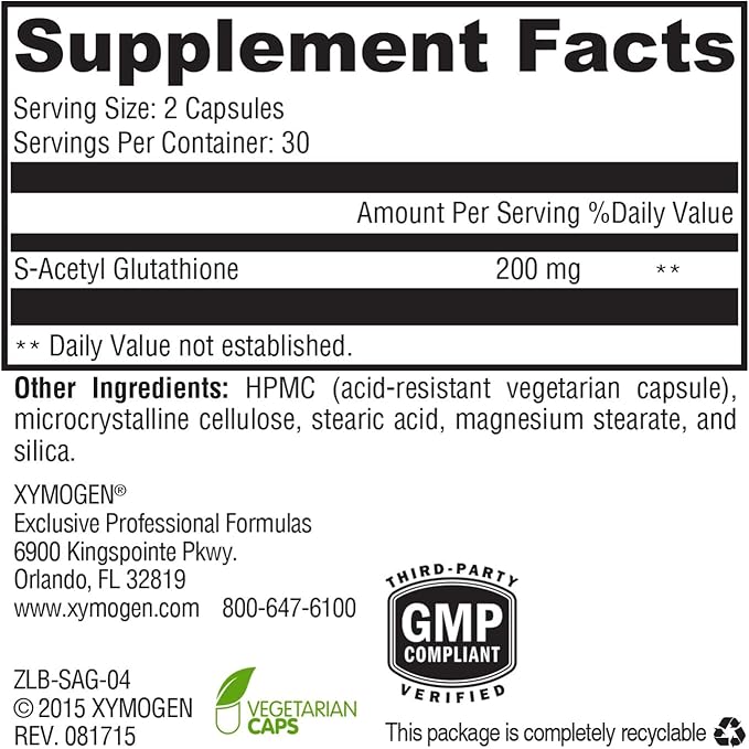 XYMOGEN S-Acetyl Glutathione - Acetylated Glutathione Supplement - Antioxidant &amp Cellular Support - Stomach Acid-Resistant Capsules - Non-GMO &amp Gluten-Free - 60 Capsules