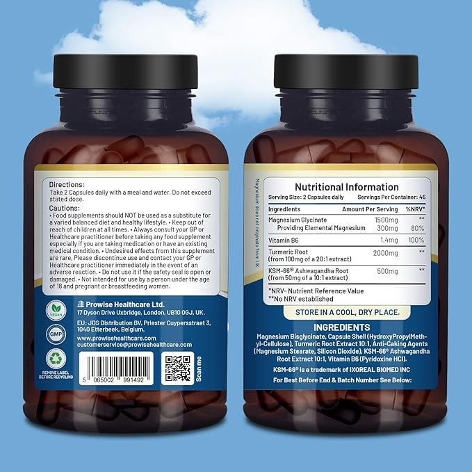 4-in-1 Magnesium Glycinate Added with KSM-66 Ashwagandha Turmeric and Vitamin B6 | 90 Vegan Capsules | 4001 mg per Serving | Easy to Swallow Capsule | GMO &amp Gluten Free | Premium Quality by Prow
