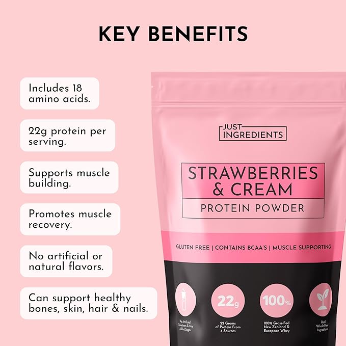JUST INGREDIENTS Strawberries &amp Cream Protein Powder – 20-Serving Blend with 100% Grass-Fed Whey &amp Organic Plant Proteins – Real Strawberry Flavor – Supports Muscle Recovery Energy*