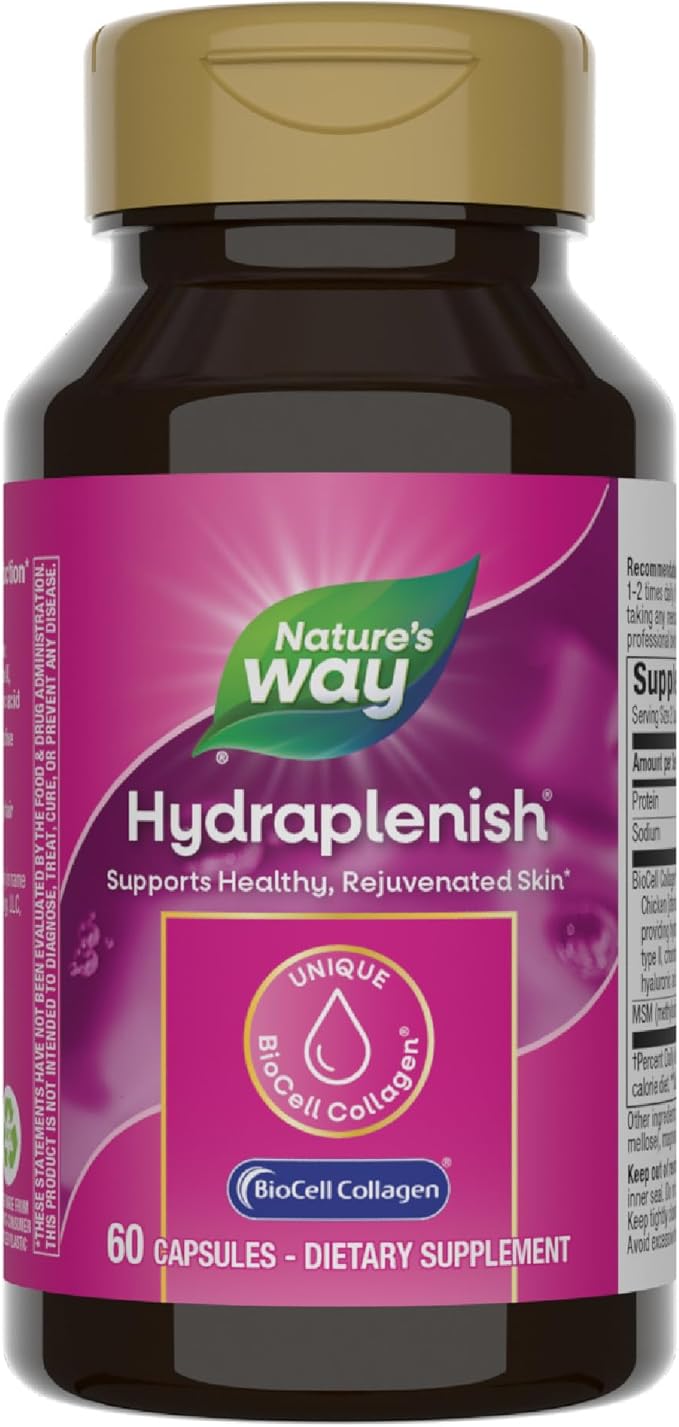 Nature’s Way Hydraplenish Unique BioCell Collagen with Hyaluronic Acid MSM Supports Healthy Hair Skin and Nails* 60 Collagen Supplements Capsules (Packaging May Vary)