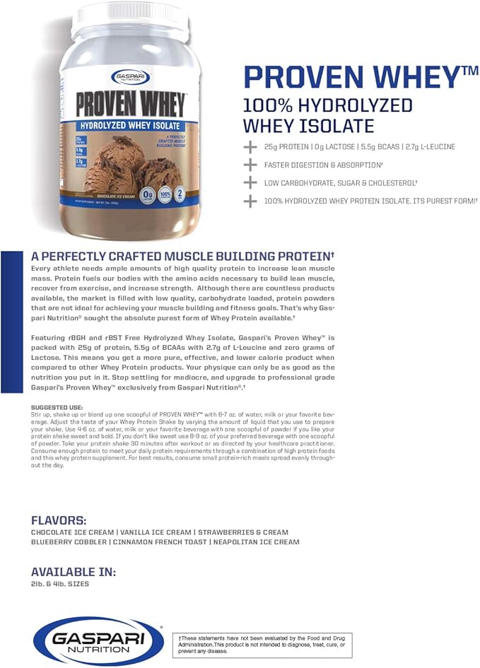 Gaspari Nutrition Proven Whey 100% Hydrolyzed Whey Isolate High Protein Lactose Free Low Carbohydrate and Low Sugar (2lb Neapolitan Ice Cream)