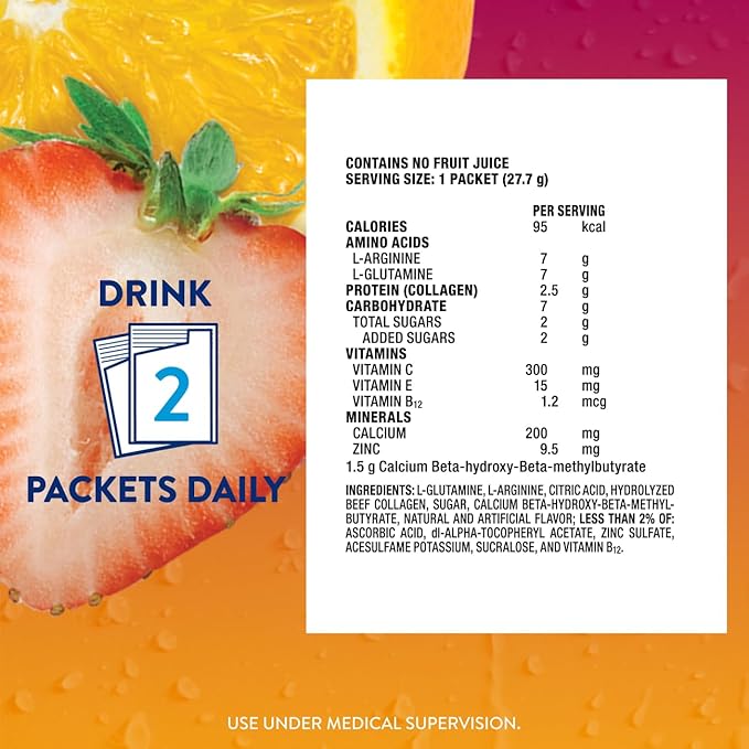 Juven Therapeutic Nutrition Drink Powder Including Collagen Peptides Amino Acids and HMB For Wound Healing Support Fruit Punch 30 Packets