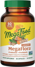 MegaFood MegaFlora Probiotics + Prebiotics Turmeric Supplement - Prebiotics and Probiotics for Women and Men Digestive Health 50 Billion CFUs 14 Strains - 60 Capsules (30 Servings)