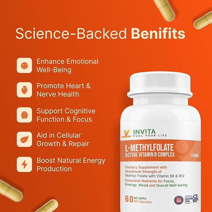 INVITA L-Methylfolate 15mg + Active Vitamin B Complex – 60 Capsules - 5-MTHF Supplement with Vitamin B6 &amp B12 Methylcobalamin for Mood Energy and Heart – Non-GMO Gluten Free 2-Month Supply