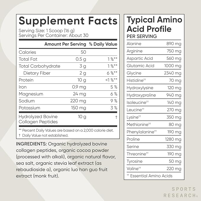 Sports Research Organic Collagen Peptides - Hydrolyzed Type I &amp III Collagen - Sustainable &amp Traceable Formula - Chocolate - 30 Servings