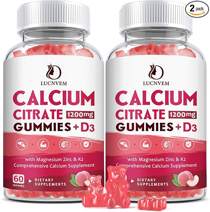 (2 Pack) Calcium Citrate 1200mg with Vitamin D3 Supplements Gummies for Women &amp Men Calcium Gummies with Vitamin D3 K2 High Absorption for Bone Muscle Healthy- Peach Flavor- 60 Day Supply