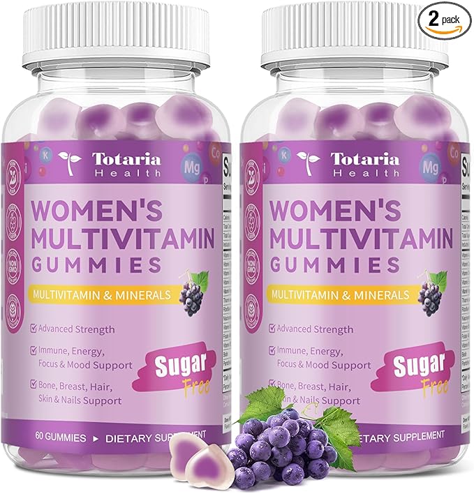 Totaria (2 Pcs) Sugar Free Multivitamin Gummies for Women 14+ w/Inositol Iron Folate Biotin Womens Daily Multivitamin Gummy w/Vitamin A D C B Support Hair Skin Energy Immune Grape Flavor