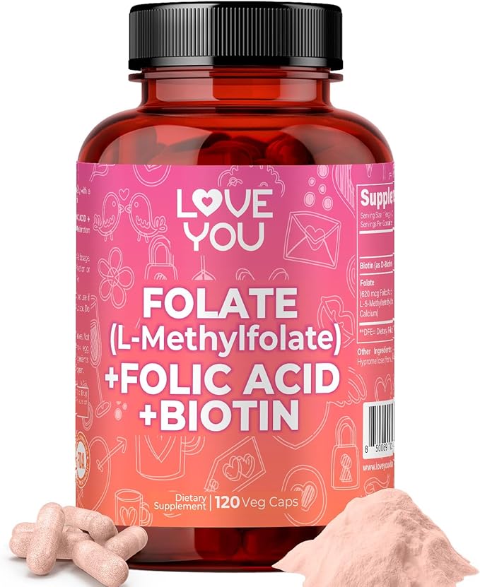 Love You Folate (L-Methylfolate) + Folic Acid + Biotin 10000 mcg - Vitamin B9 &amp B7 Blend for Cellular Function Energy &amp Wellbeing - 120 Vegan Caps