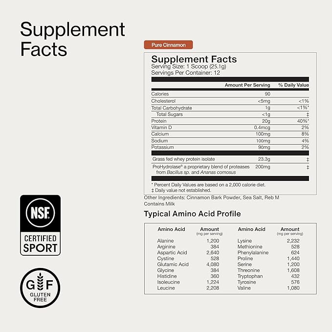 Momentous Essential Grass-Fed Whey Protein Powder - 20 g Whey Isolate Protein - NSF Certified for Sport - Gluten-Free - 12 Servings for Essential Everyday Use - Pure Cinnamon - Package May Vary