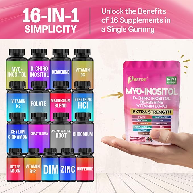 Myo-Inositol &amp D-Chiro Inositol Gummies with Berberine Vitamins D3+K2 B12 Folate Zinc Magnesium Ashwagandha Chasteberry Bioperine DIM - 16 in 1 Supplement - Mixed Berry Flavor - 90 Gummie