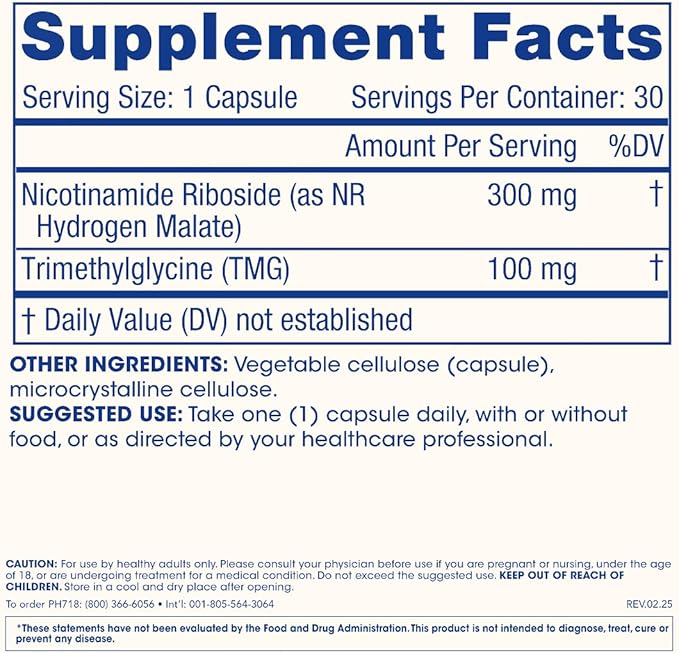 ProHealth Nicotinamide Riboside Pro 300. 300mg NR (as NR Hydrogen Malate) Plus 100mg Trimethylglycine (TMG) Supplement Boosts NAD+ 30 Servings