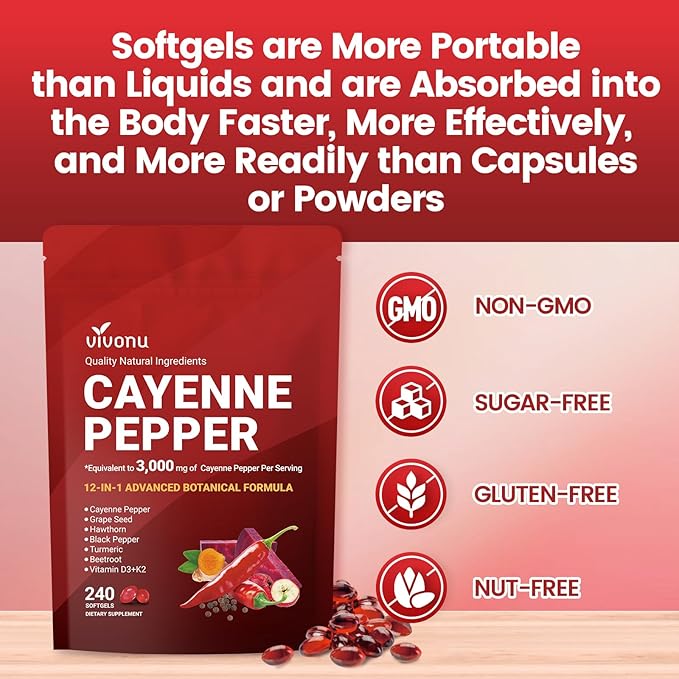 VivoNu Cayenne Pepper Softgels Supplement with Vitamin E D3+K2 and Extracts of Grape Seed Hawthorn Beetroot Berberine and Others Supports Leg Vein Heart and Blood Vessel Health