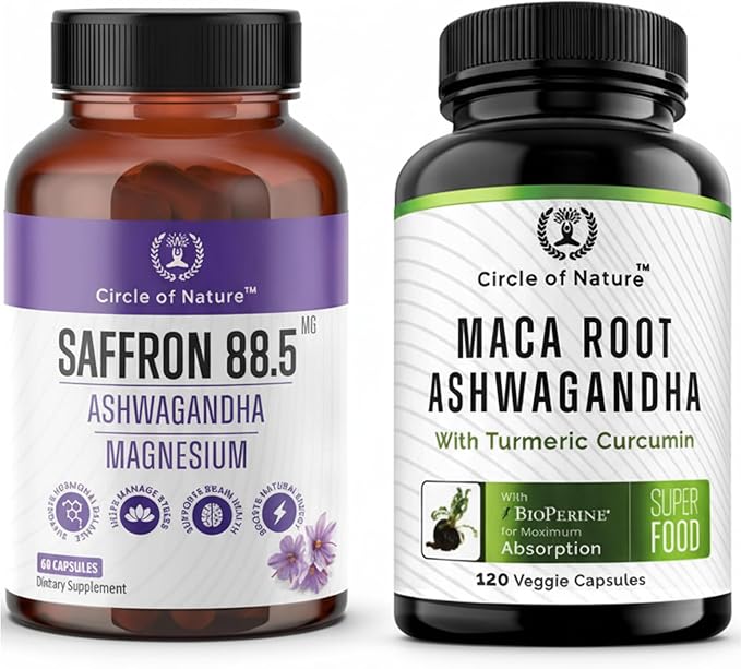 Saffron &amp Maca Root Supplement Combo with Ashwagandha Magnesium Turmeric &amp Bioperine | Mood Energy &amp Eye Health Support Made in USA.