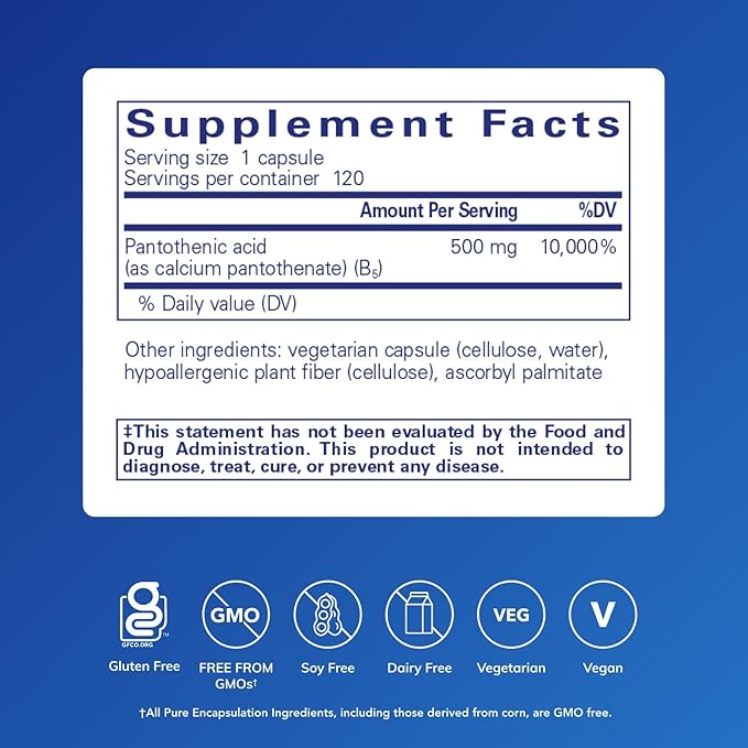 Pure Encapsulations Pantothenic Acid | Hypoallergenic Supplement Supports Cellular Energy Production Adrenal and Cardiovascular Health | 120 Capsules