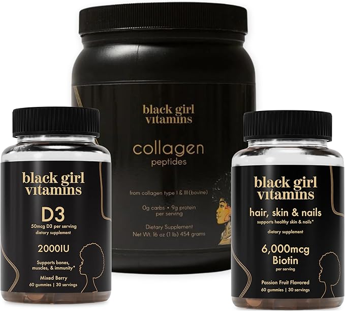 Black Girl Vitamins Beauty Bundle – Hydrolyzed Collagen Peptides (16 oz) Hair Skin &amp Nails Biotin Gummies (6000mcg) + Vitamin D3 Gummies – Women’s Wellness Supplement Bundle for Hair Growth Skin