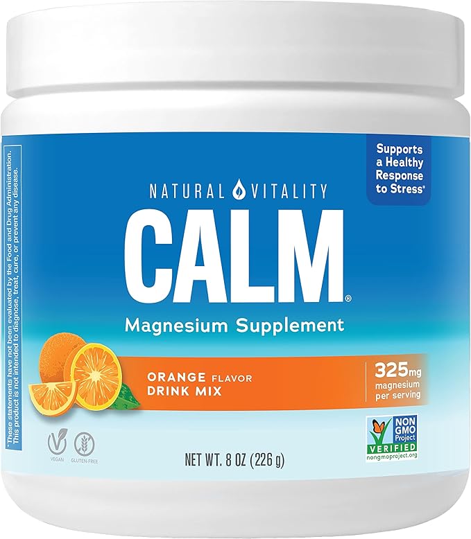Natural Vitality Calm Magnesium Supplement Anti-Stress Drink Mix Powder Gluten Free Vegan &amp Non-GMO Orange 8 oz