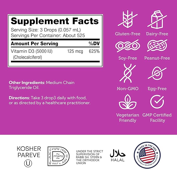 Zahler Liquid Vitamin D3 5000 IU - for Adults Bone &amp Immune Health - Vitamin D3 Supplements for Women &amp Men (1 fl oz)