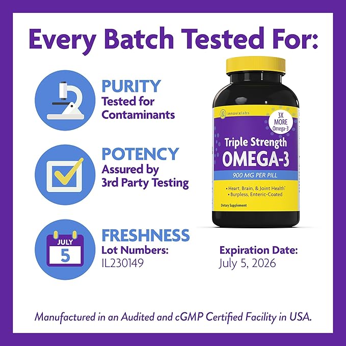 InnovixLabs Triple Strength Omega 3 Supplement Burpless Fish Oil for Women and Men - 900 mg EPA &amp DHA Brain &amp Joint Support Award Winning &amp Third-Party Tested 200 Softgels