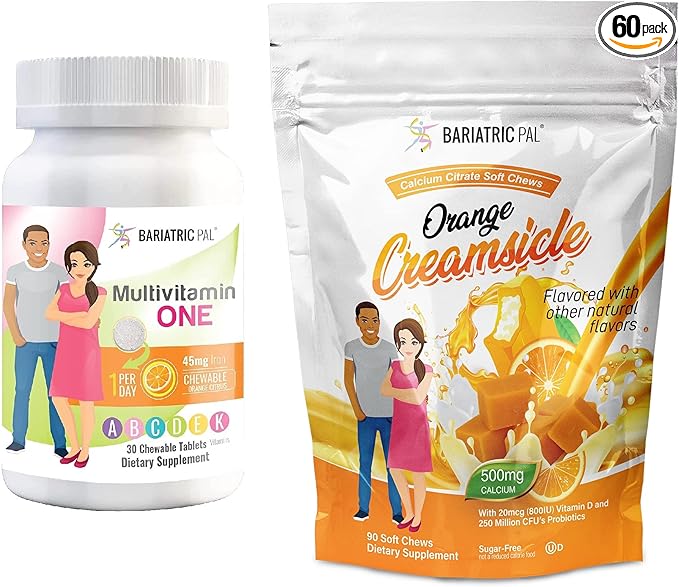 BariatricPal 30-Day Bariatric Vitamin Bundle (Multivitamin ONE 1 per Day! Chewable with 45mg Iron - Orange Citrus and Calcium Citrate Soft Chews 500mg with Probiotics - Orange Creamsicle)