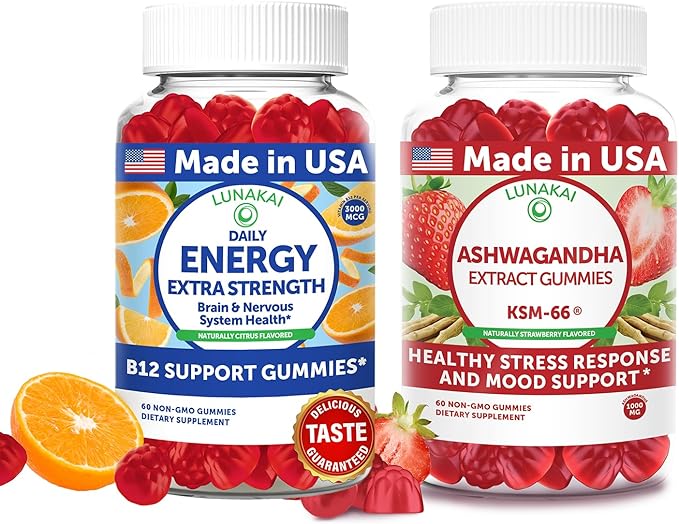 Lunakai USA Made Energy B12 &amp Ashwagandha Gummies Bundle – Daily Energy &amp Mood Support – 60 Non-GMO Gummies Each