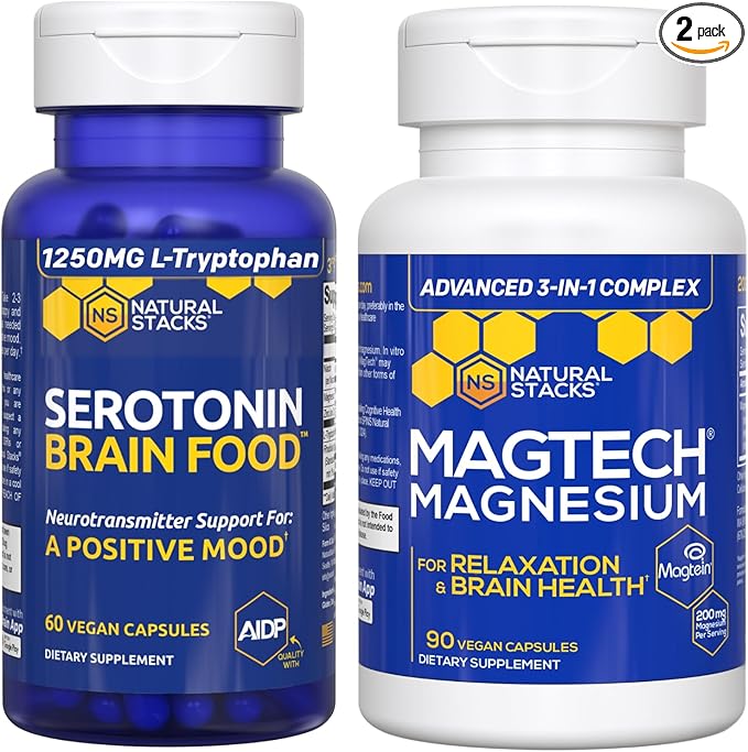 NATURAL STACKS MagTech Magnesium + Serotonin Brain Food Bundle - Supports Relaxation Brain Health &amp a Positive Mood* - 150 Total Capsules
