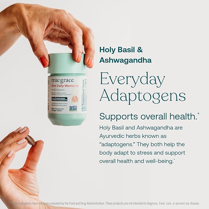True Grace One Daily Women’s Multivitamin Fermented Minerals Organic Adaptogens &amp Mushrooms Whole Body Balance Immune Energy Beauty Support - Non-GMO Gluten Free Soy Free - 30 Vegan Tablets