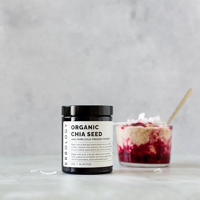 Erbology Organic Chia Powder 3.2 oz - Cold-Pressed from 100% Chia Seeds - Rich in Fibre Protein and Minerals - Raw Vegan and Gluten-Free - Non-GMO - Recyclable Glass Jar