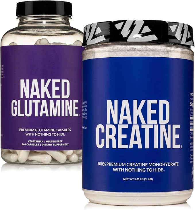 NAKED Pure Micronized Creatine Monohydrate 200 Servings + Pure L-Glutamine 240 Capsules Bundle: Vegan Non-GMO Gluten Free. Minimize Muscle Breakdown &amp Improve Protein Synthesis. Nothing Artifici