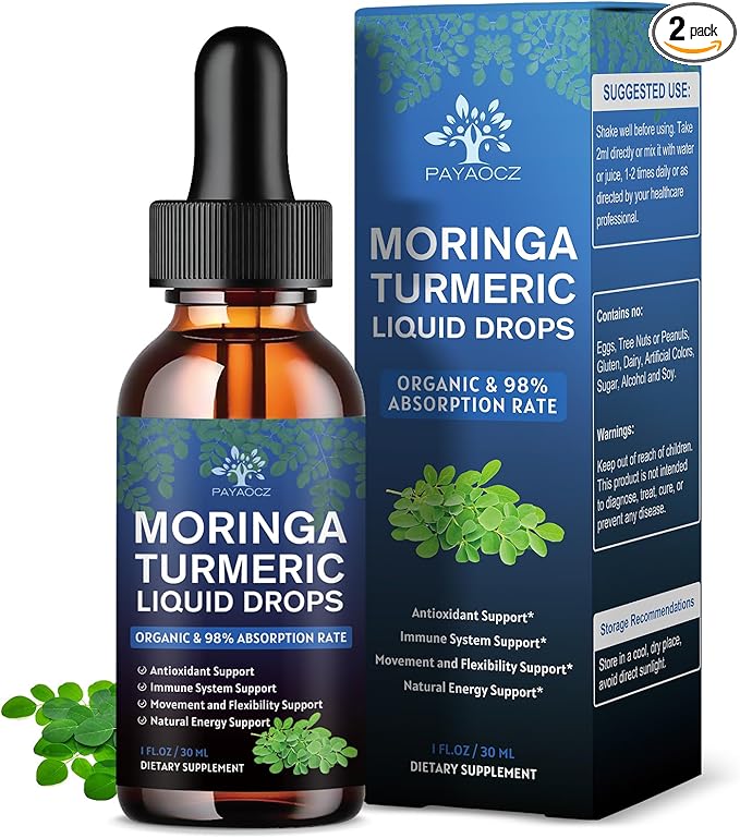 (2 Pack) Organic Moringa Leaf Extract Liquid Drops Supplement 1000mg with Turmeric and Black Pepper for Energy Antioxidant and Skin Green Superfood Supplement for Women Men Vegan 1 Fl Oz