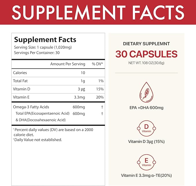 NTG Omega 3 Plus Vitamins – Vegan Algal Oil with Vitamin D3 &amp E High Purity TG DHA EPA Heart Brain Eye Bone Health Support Solvent-Free Water Extraction (30 Softgels x 1020mg)