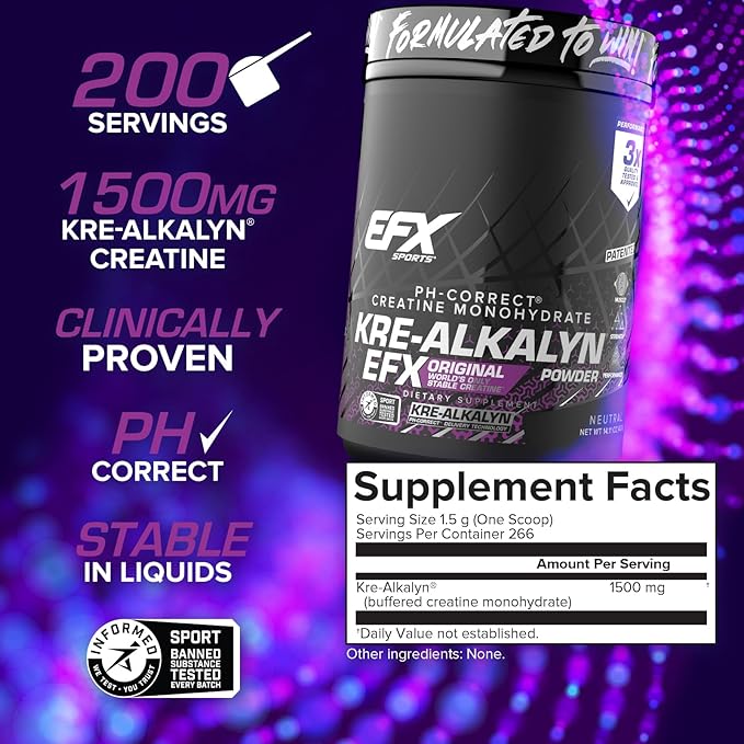 EFX Sports Kre-Alkalyn EFX Powder | pH Correct Creatine Monohydrate Powder Supplement | Strength Muscle Growth &amp Performance | 266 Servings (Unflavored)